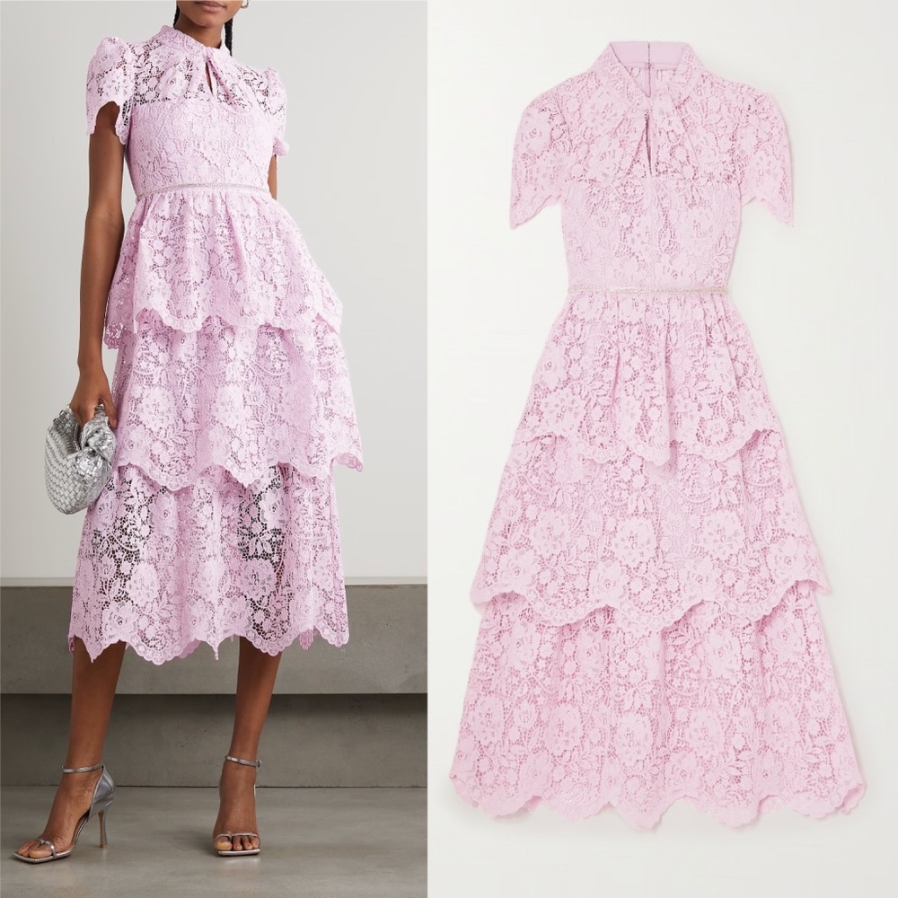 Self Portrait Pink Cord Tiered Lace Dress
